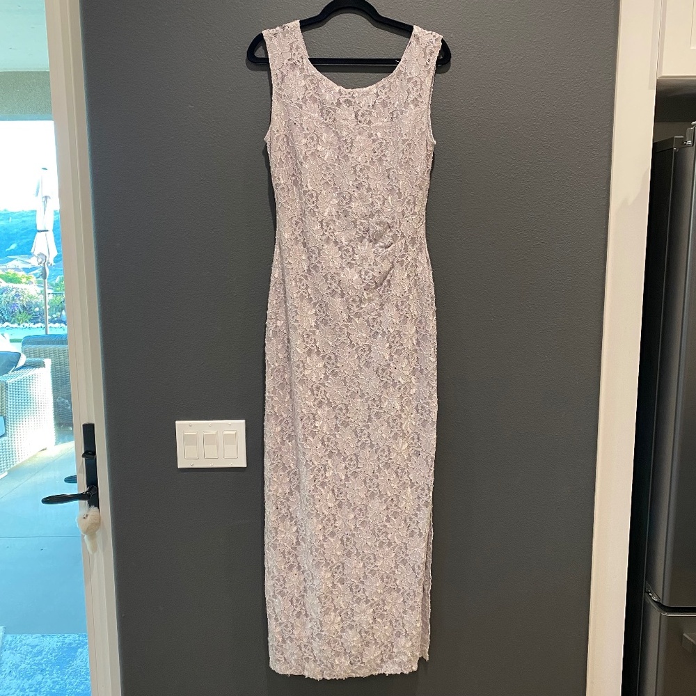 Connected long lace sparkle sheath dress size 8 silver grey